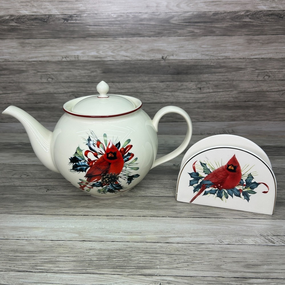 Lenox Winter Greetings Cardinal Teapot Napkin Holder Christmas Holidays Bird